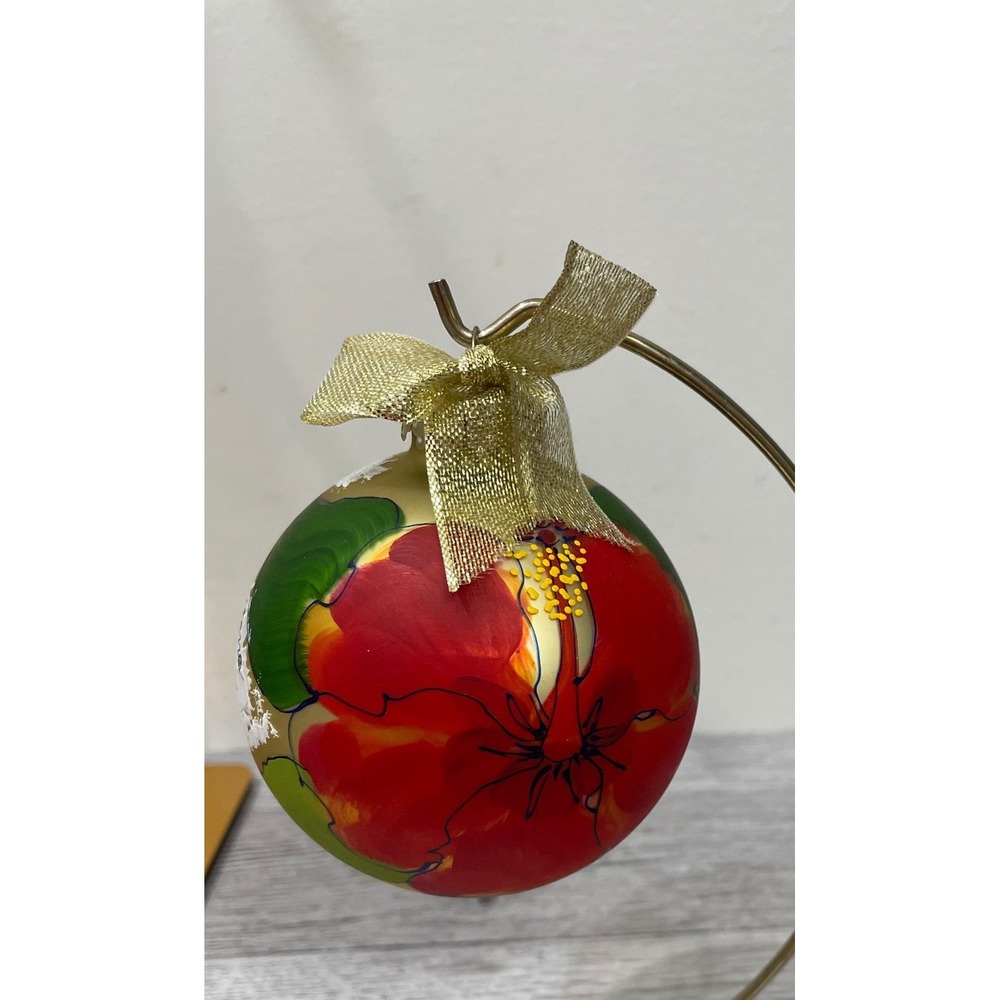 G&D Hand Painted Glass 3.5" Ornament Red Hibiscus St John Diane Artware Tropical